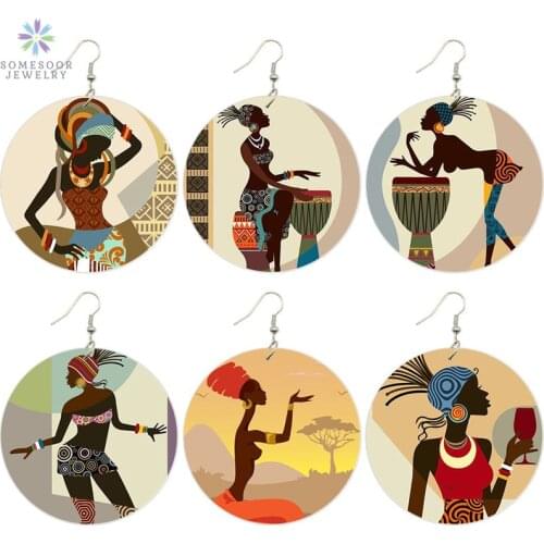 SOMESOOR Afrocentric Ethnic Paint African Wooden Drop Earrings Black Headwrap Woman Artstic Wood Dangle Jewelry For Women Gifts