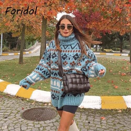 Foridol Turtleneck Thick Winter Long Sweater Pull Femme Christmas Tree Print Blue Oversized Sweater Jumper Casual Pullovers