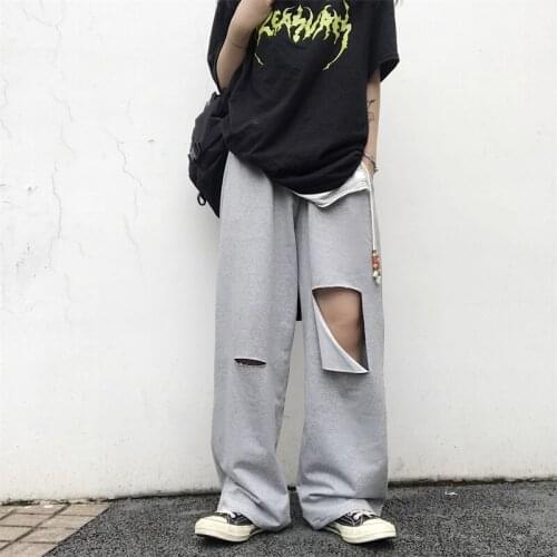 ZCSMLL Korea Harajuku style street retro Japanese solid color hole knife cut casual wide-leg straight trousers for men and women