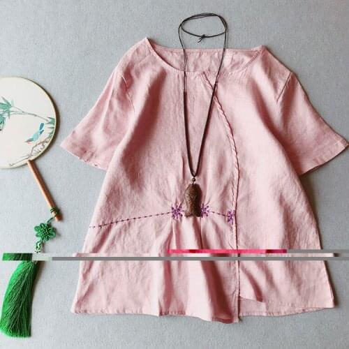 Women Blouse Chinese Style Literary Cotton Linen Solid Color Short Sleeve O-neck Loose Casual Women Tops YoYiKamomo