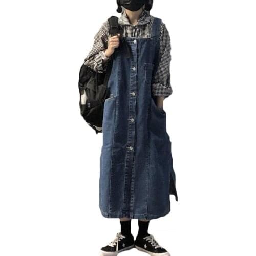 2021 Fashion Large Size Spring Autumn Korean Loose Denim Strap Waist Mid-length Dress For Women 31A