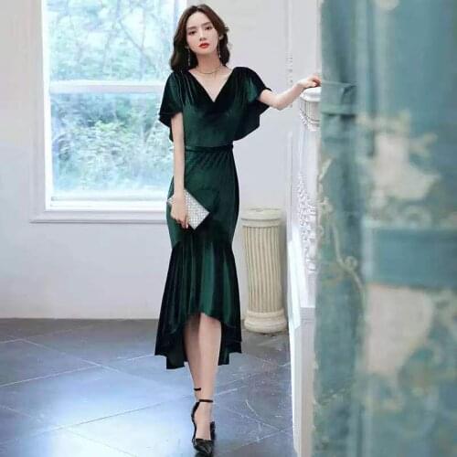 Green Evening Dress Velour Simple Elegant V-Neck Ruched Tea-length Mermaid Short Sleeves Plus size Women Formal Party Gown C705