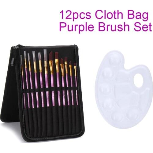 12pcs Purple Artist Paint Brushes Set with Cloth Bag Palette Nylon Hair Wood Handle Painting Brush for Oil Acrylic Watercolor