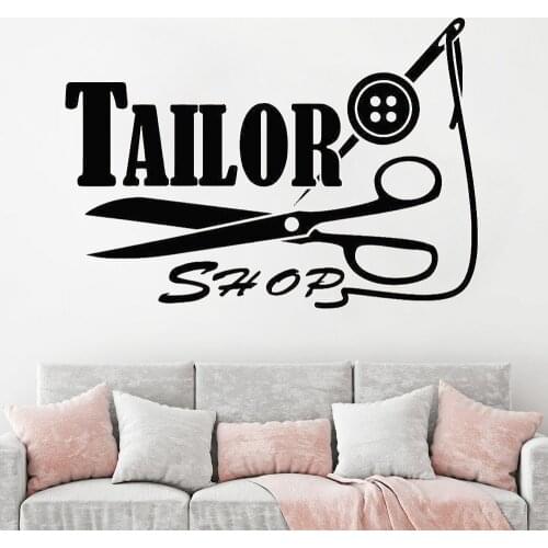 Tailor Shop Logo Sign Decal Wall Sticker Threads Needle Scissors Stickers Home Art Wall Stickers Vinyl Removable FK-126