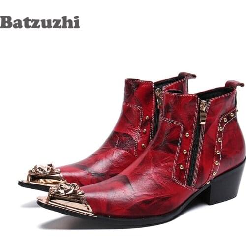 Batzuzhi British Style Men Shoes Genuine Leather Ankle Boots Men Pointed Metal Toe Red Party and Wedding Boot Men Retro, US6-12