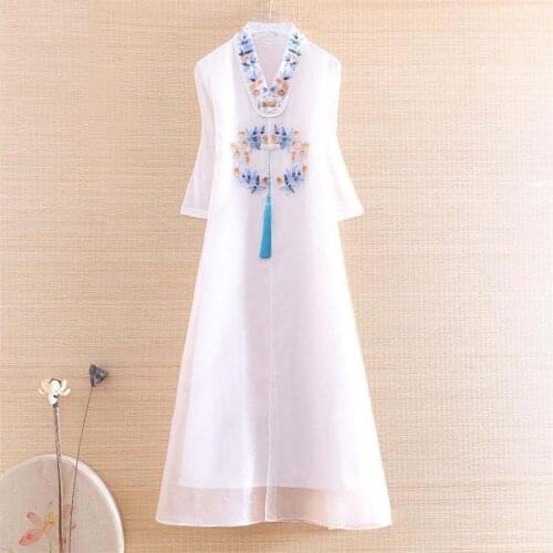 White Summer Dress Cheongsam Qipao Chinese Tradicional Women Hanfu Orientale Princesse Plus Size Embroidered Fairy Costume