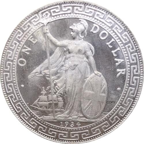 United Kingdom 1 Dollar British Trade Dollar 1934 One Dollar Cupronickel Plated Silver Hong Kong Yi Yuan Copy Coin