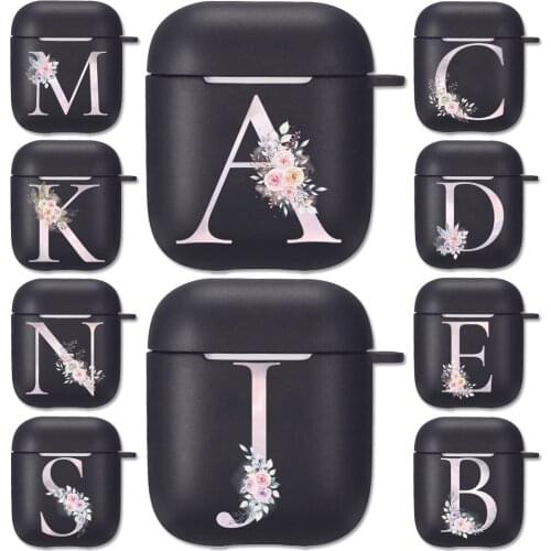 Watercolor Floral 26 A-Z Alphabet Black Silicone Case for Apple Airpods 1 2 Cases Capital Letter Soft Airpods Earphone Cover