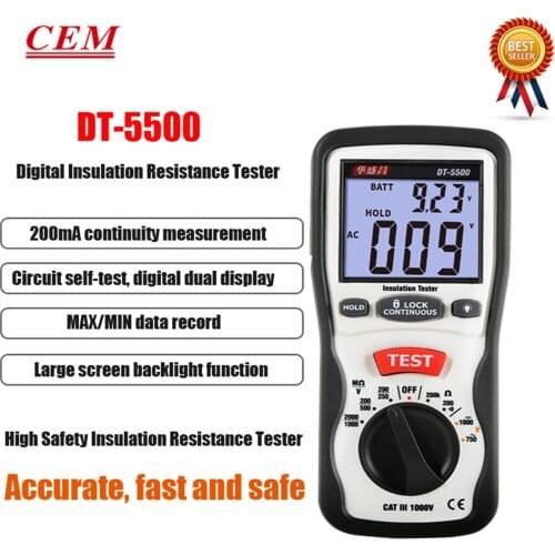 CEM DT-5500 Digital Insulation Resistance Tester Electrical Equipment Insulation Material Resistance Detection Over Range Prompt