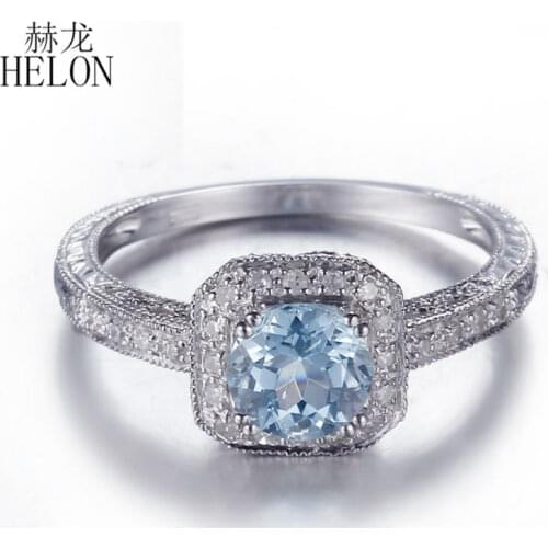 HELON Solid 10k White Gold Flawless Round 6mm Genuine Blue Topaz Diamonds Engagement Ring Women Vintage Fine Jewelry Best Gift