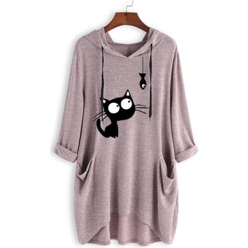 Kawaii Cat Fish Print Hoodies For Women Ears Cute Hooded Long Sleeve Sweatshirt Sprint Autumn Pullover Plus Size Sudadera Mujer