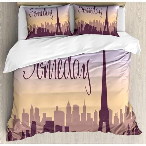 Eiffel Tower Duvet Cover Set Someday Calligraphy and Building Silhouettes 3 Piece Bedding Set Eggplant Pastel Purple Pale Peach