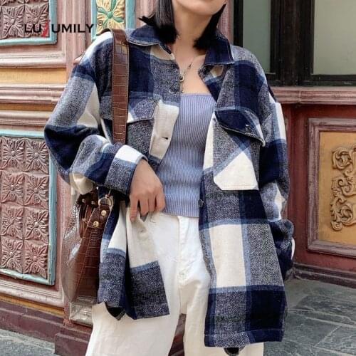 Lusumily Hot Sale Jacket Women Fashion Thick Pink Green Plaid Jacket Women Shirt Vintage Coat Spring Casual Female Tops Outwear