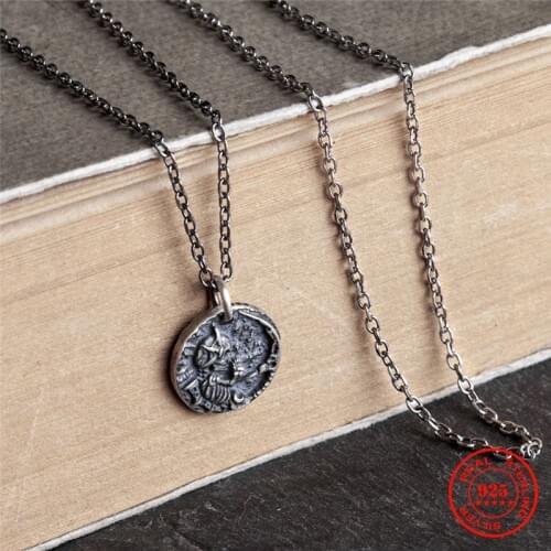 MKENDN Mens Skull Necklace Gothic 925 Sterling Silver Little Devil Coin Pendant Necklace Biker Motorcycle Band Jewellery