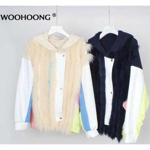 Autumn Winter New Fox Fur Coat Leather Grass Jacket Knitted Sweater Color Fur Strip Sewed Togehter Matching Korean Fashion