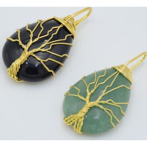 Women Gold Color Tree of Life Necklace Pendant Wire Wrap Natural Gem Stone Crystal Pink Quartzs Tiger Eye Reiki Healing Jewelry