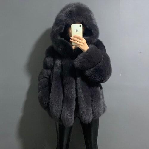Rf1991 Super Warm Womens Fashion Fox Fur Coat with Big Hood Genuine Leather Womans Real Fur Jacket for Winter