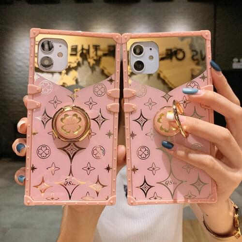Luxury Square Cute Clover Pink Phone Case For Huawei P20 P30 P40 Mate 10 20 30 40 Pro Lite P Smart 2021 Mirror Cover Bracket