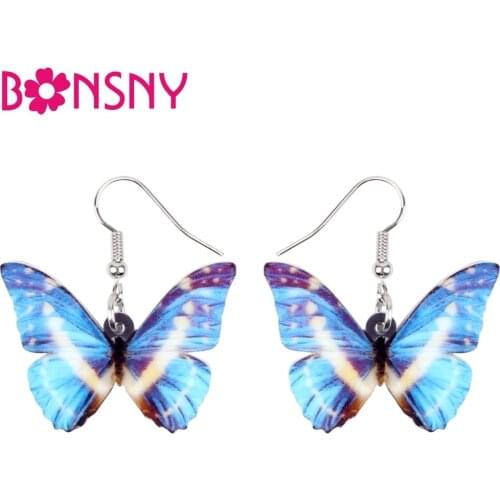 Bonsny Acrylic Tropic Morpho Cypris Butterfly Earrings Dangle Drop Big New Fashion Insect Jewelry For Women Girls Summer Bijoux