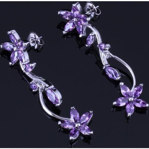 Gracious Flower Purple Cubic Zirconia Silver Plated Drop Dangle Earrings V1017