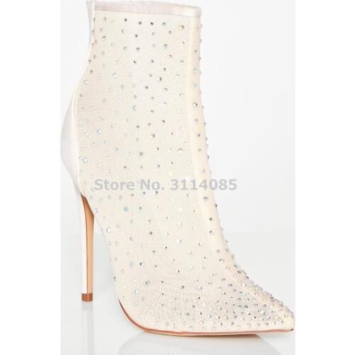 Women Gorgeous Stiletto Heels Silver Crystal Pointed Toe Boots Thin High Heels Mesh Bling Bling Rhinestone Ankle Booties Pumps