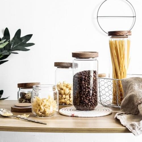 Acacia Wood Glass Storage Tank Kitchen Food Coarse Cereals Coffee Bean Flower Tea Sealed Can Transparent Container