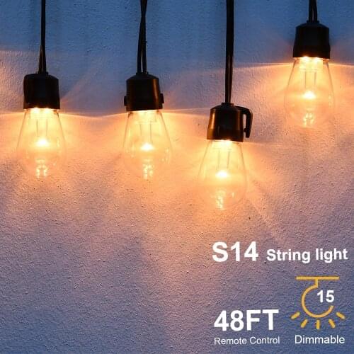 S14 string light Garland 48FT 15Bulbs Light With Remote Control 6 Modes IP65 2700K Warm Light For Garden Wedding Part