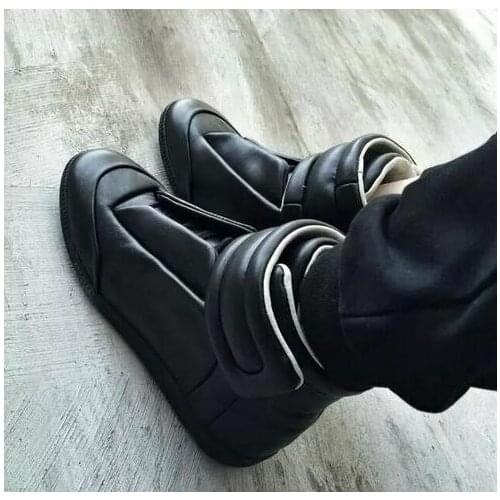 Autumn Luxury vogue Man Shoes Flats Fashion High Top Genuine Leather Black White Hook & Loop HipHop Man Casual Shoes Trainer