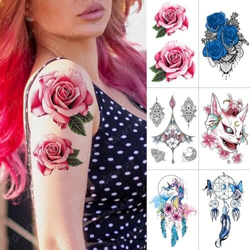 Waterproof Temporary Tattoo Sticker Pink Blue Rose Flower Flash Tattoos Unicorn Dreamcatcher Body Art Arm Fake Tatoo Women Men