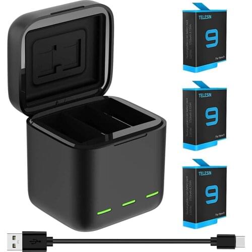 Battery Charger for GoPro Hero 9 Black Waterproof Storage Carry Case (1 Charger + 3 Batteries)