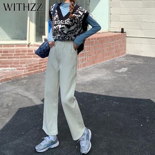 WITHZZ Autumn Winter Womens Loose High Waist Elastic Waist Denim Pants Fleece Straight Female Thick Asian Size Jeans