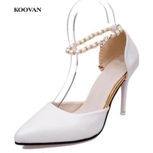 Koovan Women Pumps 2017 Pointed High Heeled Shoes Pink Pearls Wild Night Clubs Single Buckle Womens Sandals Ladies Summer