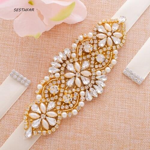 SESTHFAR Wedding Belt Diamond Bridal Belt Rhinestone Pearl Thin Gold Crystal Wedding Sash For Bridal Accessories