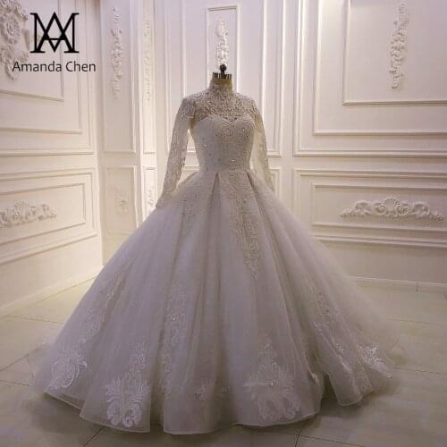 Robe mariage femme High Neck Long Sleeve Lace Appliqued Wedding Dress