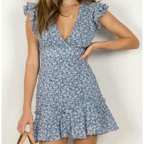 Womens Summer Dress 2021 Sexy V-neck Backless Elegant Sleeveless Dress Floral Print Mini Slim Blue Vintage Party Dresses Femme