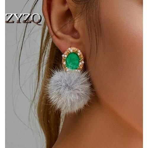 ZYZQ New Spring Multicolor Hair Ball Women Earrings Ethnic Style Artificial Pearl Plush Ball Drop Earrings 2021