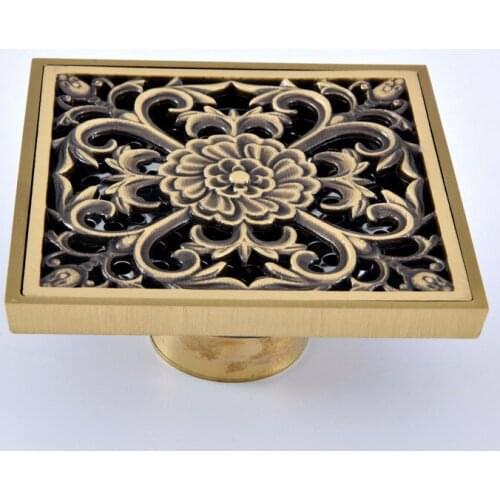 Antique Brass Vintage Carved Flower Pattern Bathroom Shower Drain 4" Square Floor Drain Waste Grates Bathroom Accessory mhr065
