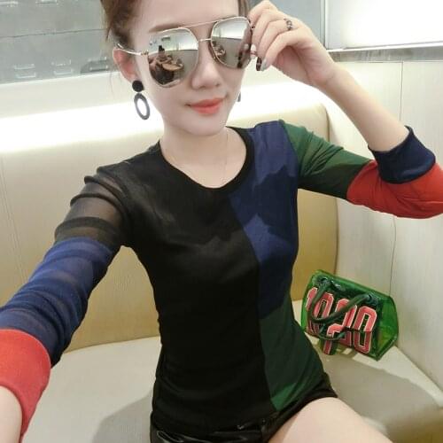 #5569 Basic T Shirt Women O Neck Spliced Color Long Sleeved T-shirt Sexy Mesh Tops Fashion Streetwear Stretch Mesh Tshirts Thin