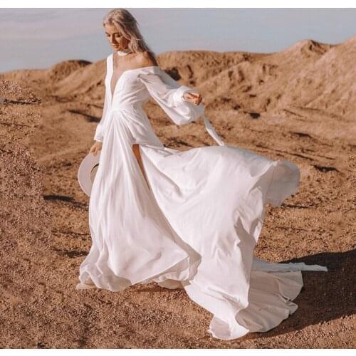 Eightree V-neck White Wedding Dress Sexy Backless Chiffon Split A-Line Bridal Long Sleeve Wedding Evening Prom Gowns Custom Size