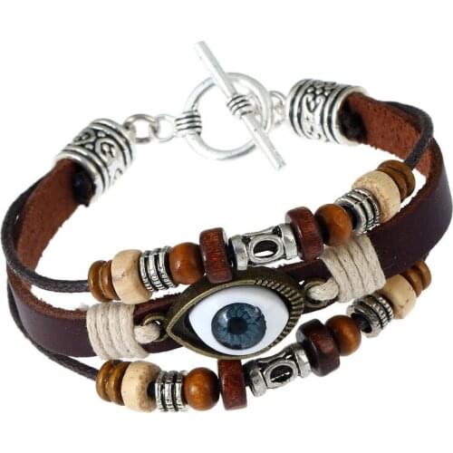 Devils Eye Blue Beads Bracelet Retro DIY Adjustable Couple Multilayer Braided Cowhide Rope Bracelets Fashion Mens Accessories