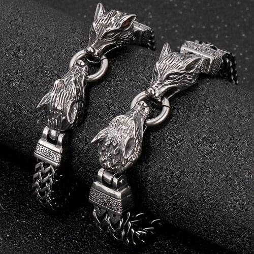 Animal Bracelet For Male Stainless Steel Mesh Link Chain Double Wolf Head Bangle Vintage Punk Jewelry Homme Armband Men Bracelet