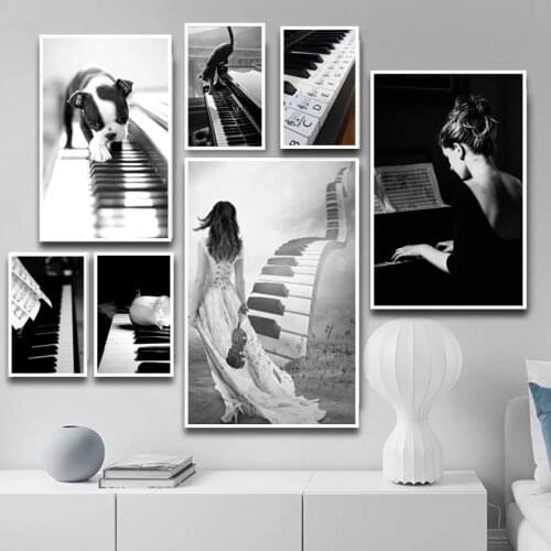 Black and White Piano with Flowers Music Canvas Painting Posters and Prints Wall Art Women Pictures for Living Room Home Decor