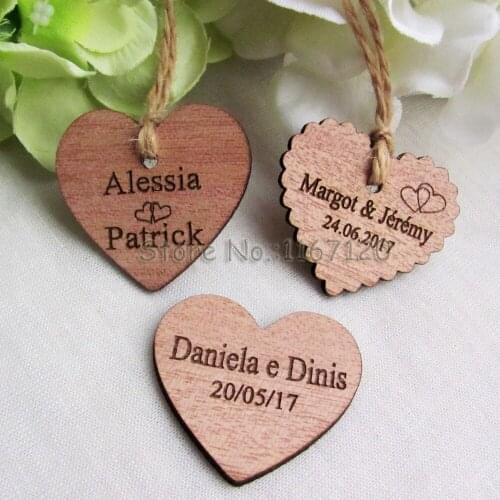 65/200pcs Personalized Engraved Wedding Name and Date Wooden Heart Tag Gift Favor Tag Bridal Shower Tag invitation tags