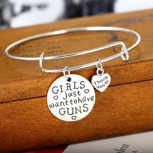 Girls Just Want To Have Guns Heart Charms Bangle Women Men Bracelet Jewelry Family Friends Bangle Party Wedding Love Gifts