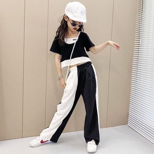 Teenage Girls Clothing Sets Kids Summer Clothes Girls Fake Two Pieces Splicing Top +Wide Leg Pants 2Piece Outfits 8 10 12 Year