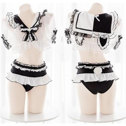 Women Cute Suit Sexy Micro Transparency Pajamas Black White Panda Contrast color Sweet Girls Sailor collar Sleepwear Cosplay
