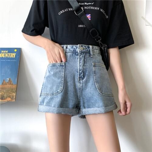 Summer 2021 Fashion big pocket girls new plus size fat denim shorts women loose thin high-waisted a-line wide-leg hot pants