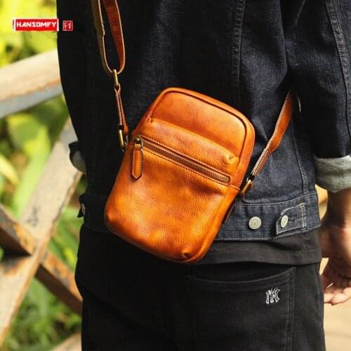Genuine Leather Mens Small Bag Men Tide Crossbody Bag Male Shoulder Messenger Bag Mini Retro Handmade Casual Mobile Phone Bags