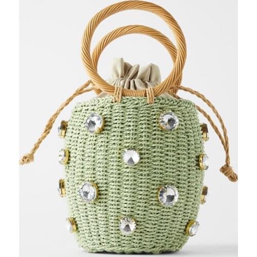 Fashion handmade buckets bag for women designer diamonds wicker woven handbags rattan summer beach straw bag lady large totes