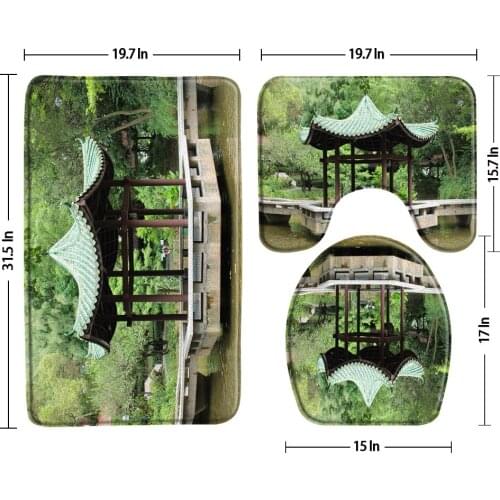 Chinese Garden Architecture Bath Mat Set Green Forest Landscape Non-Slip 3 Pcs Bathroom Decor Sets Rug Toilet Cover U-Shaped Pad